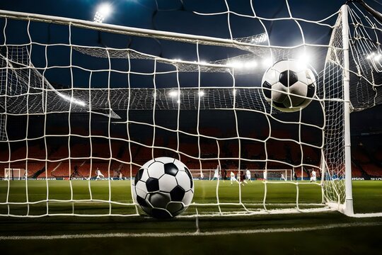 Craft a captivating stock photo that freezes the instant a soccer ball elegantly sails into the goal, illuminated by perfect lighting that enhances the realism of the scene. 

