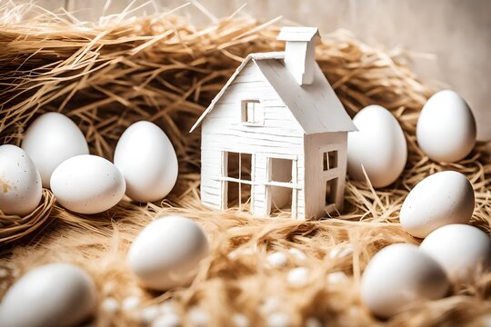 A symbolic image featuring a white toy house with a roof, accompanied by white eggs,