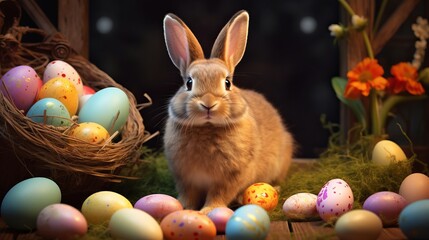 Fototapeta na wymiar Easter bunny delight: vibrant hd 8k wallpaper featuring whimsical eggs in a joyful celebration