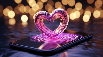A cell phone with a heart shaped object on top of it Romantic relationships powered by innovative ai technologies. - obrazy, fototapety, plakaty