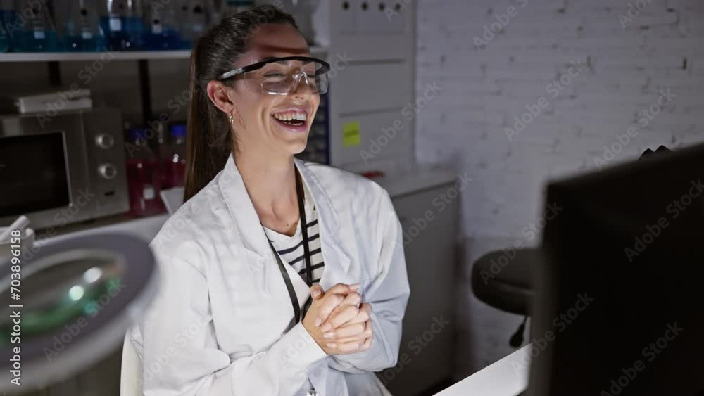 Canvas Prints Burst of laughter from beautiful young hispanic woman scientist out loud in lab, over top-fun joke, smiling hard with joyful confidence