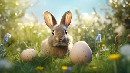 Rolgordijnen Energetic easter bunny delightfully scouring grass for hidden eggs in a festive hunt © Ashi
