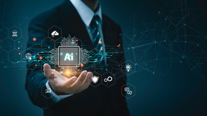 Man using Technology AI tool to generate. smart robot science and artificial intelligence...