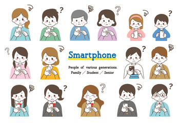 スマホを操作するイラスト集。いろんな世代の人々。困っている表情。