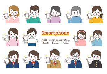 スマホを操作するイラスト集。いろんな世代の人々。