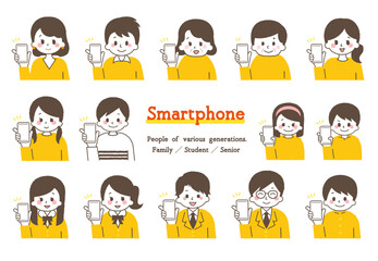 スマホを操作するイラスト集。いろんな世代の人々。