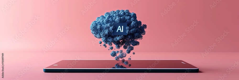 Poster Conceptual image of AI cloud emerging from tablet, digital and physical realms on a pink backdrop
