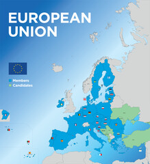 Fototapeta premium European Union map with the territorial division of the states with names and flags of the nations, vector illustration