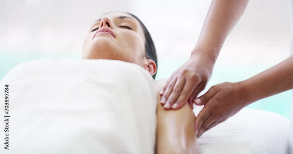 Wall mural Spa woman, masseuse hands and oil massage for patient stress relief, body care or holistic wellness treatment. Beauty salon therapist, lymphatic drainage and relax customer for arm healing service