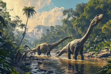 Naklejka premium Gentle giants, Brachiosaurus, crossing a river in a lush Cretaceous landscape prehistoric flora