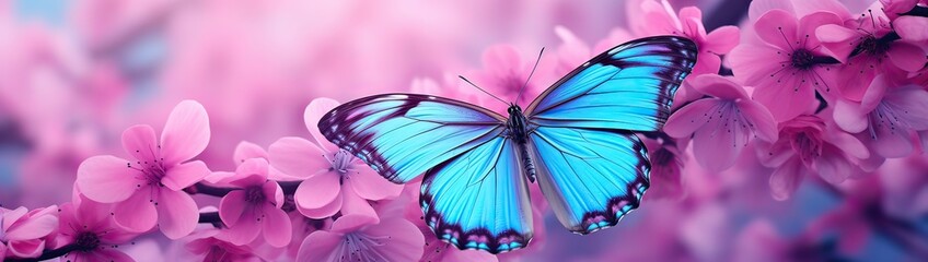 Beautiful blue butterfly Morpho on pink-violet flowers in spring in nature close-up macro.