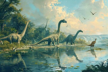Naklejka premium Graceful Brachiosaurus dinosaurs at tranquil lakeside, reflecting in water amidst a Jurassic forest.
