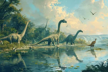 Deurstickers Graceful Brachiosaurus dinosaurs at tranquil lakeside, reflecting in water amidst a Jurassic forest. © olga_demina