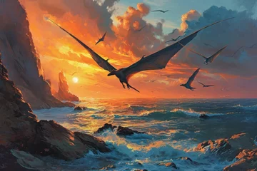 Poster Im Rahmen Pterosaurs soaring against sunset sky, ocean waves crashing against cliffs in a prehistoric world © olga_demina