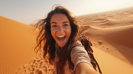 Female tourist taking selfie on sand dunes Sahara or middle east. Influencer travel blogger. Summer vacation and weekend activities