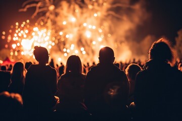 Fototapeta na wymiar Silhouetted crowd watching a fiery golden fireworks display on a festive night
