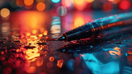 Close shot of fountain pen in street at neon light, Generative AI. - obrazy, fototapety, plakaty