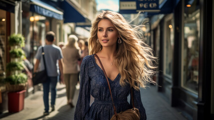 Beautiful blonde girl with long curly hair walking on the street in the city