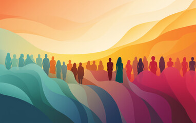 Diversity concept representing diverse society. Colorful group of diverse united people on wavy rainbow background. Minimal illustration. Generative ai. - obrazy, fototapety, plakaty