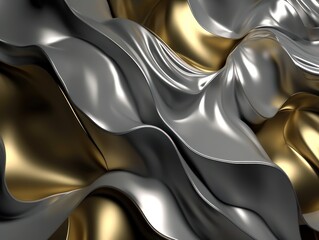 3D Render Abstract Background With Metallic Textures and Shades of Gold and Silver