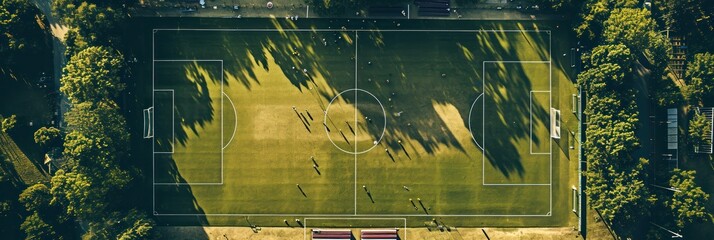 Aerial view of soccer field with players and long shadows at sunset, surrounded by lush trees