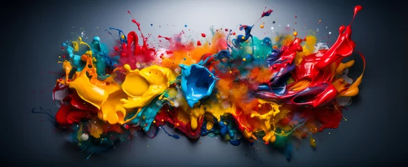 Zelfklevend Fotobehang Colorful paint splashes isolated on black background. 3d render © thodonal