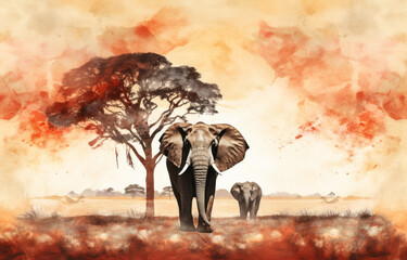 African elephant in the savannah, watercolor painting
