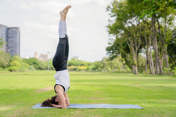 Young women have a beautiful bodies, Playing yoga in an elegant posture, in the green park, is a concept of people's recreation and health care concept. blurred background