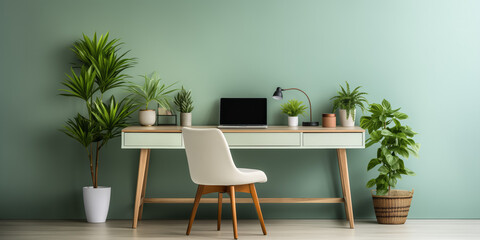 Modern home office with plants and minimalist design