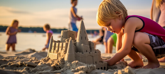 Young boy building sandcastle on beach at sunset