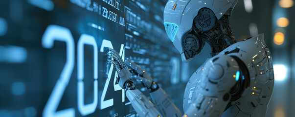 Robot touching "2024" sign, digital transformation in business concept 