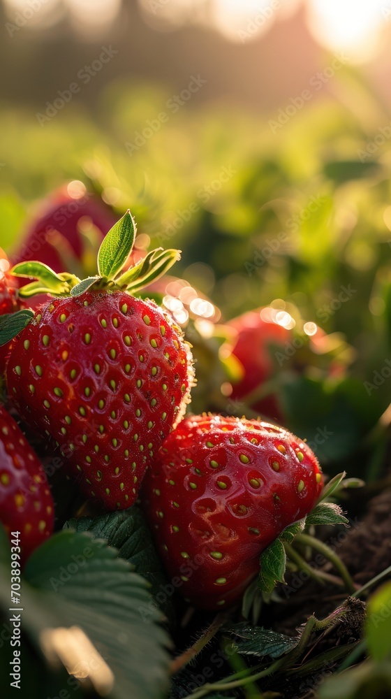 Poster strawberries nestle in the earth, with droplets of water adding a sparkle to the rich red fruit