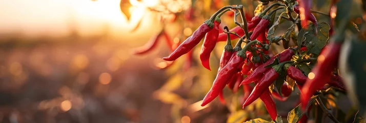 Foto op Canvas Red chili peppers gleaming in the warm evening sun on a tranquil farm © olga_demina