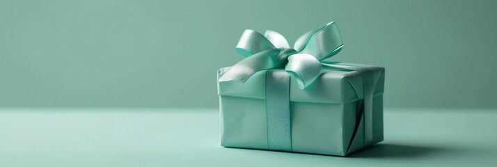 Stylish gift box with a satin ribbon on a cool green backdrop, soft shadows
