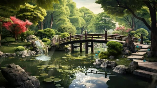 Tranquil Japanese garden with pond and trees. seamless looping virtual 4k video animation background. Generated with AI