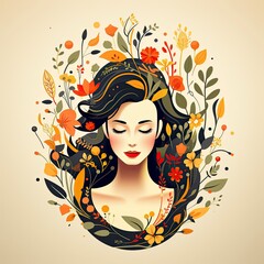 Logo of the florist girl, beauty young women face portrait long hair with flowers all around - obrazy, fototapety, plakaty