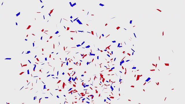 Confetti celebratory explosion with red and blue elements  on white background. multiple Confetti blast falling from a high angle to the bottom. background for celebrations and holidays