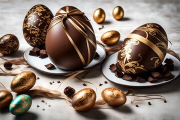 A delectable seasonal chocolate Easter egg adorned with an elegant ribbon, showcasing a tempting treat that combines festive aesthetics with delicious indulgence. - obrazy, fototapety, plakaty