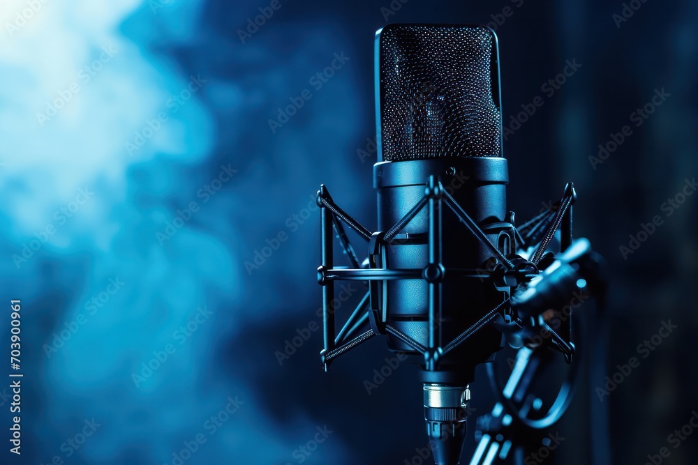 Poster studio microphone with blue backlight, creating for podcast recording or musical performance