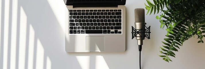 podcast setup with a microphone and laptop on a clean white table, accented by natural greenery