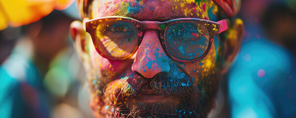 Vibrant and expressive portrait of man during Holi celebrations