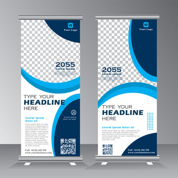 Roll up banner design with image space, blue roll up banner stylish geometric graphics templates. Design concept presentation or advertising banner	