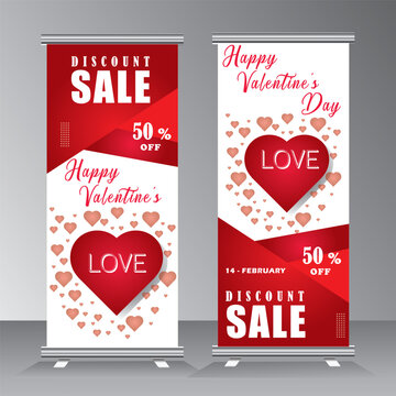 Valentines day roll up, pull up banner simple design, Valentine's day Roll up banner stand template, Pull up, display, sale 50 up to off,  