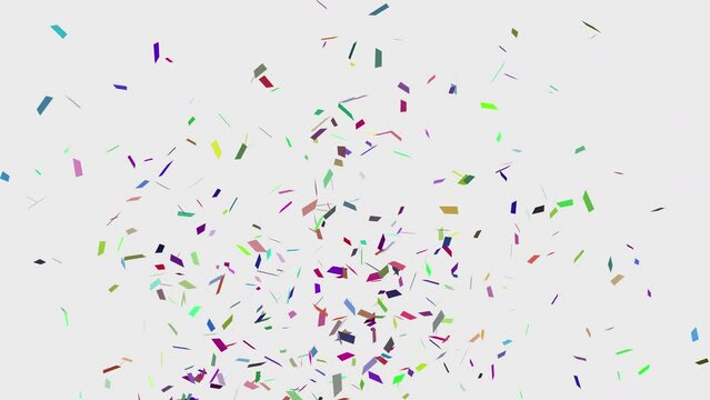Animation of Multicolor confetti falling down on white background alpha screen cgi