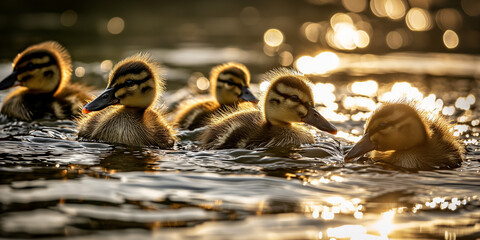 Viele kleine Baby Enten im See mit wunderschönen Sonnenlicht als Effekt, ai generativ, 