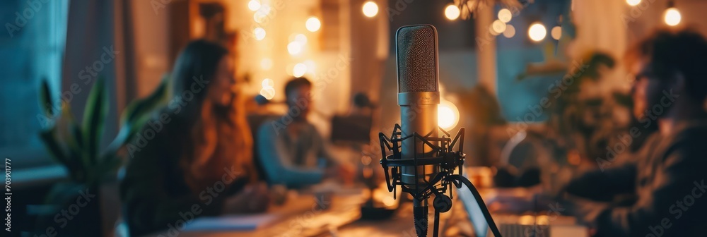 Poster microphone stands in a cozy podcast studio with a lively group discussion in the background