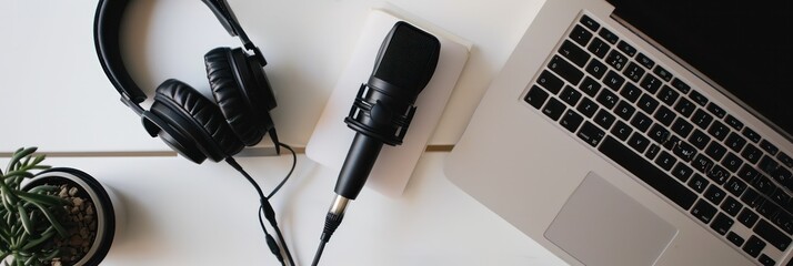 Sleek podcasting setup with microphone and headphones , minimalist workspace for vocal recording