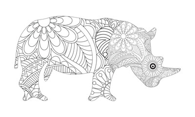 Rhinoceros. Black white hand drawn doodle animal. Ethnic patterned vector illustration. African, indian, totem, tribal, zentangle design. Sketch for coloring page, tattoo, poster, print, t-shirt