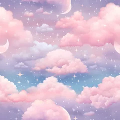 Tuinposter pink and purple theme color cloud with star nursery art illustration seamless pattern © Wipada