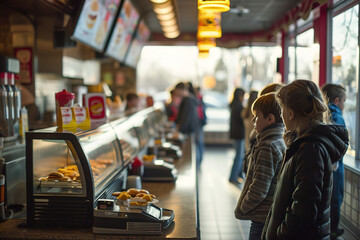 Children buy burgers at a fast food restaurant. - obrazy, fototapety, plakaty